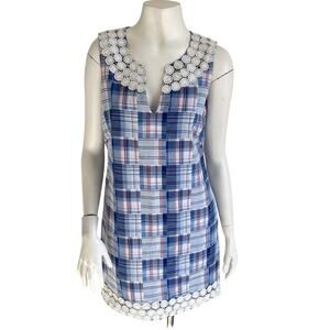 Vineyard Vines Sleeveless Shift Dress Blue Plaid Lace Trim Size 2 Preppy Resort